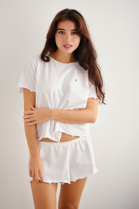 Pijama de algodón orgánico GOTS blanco de verano Udhara, vista frontal